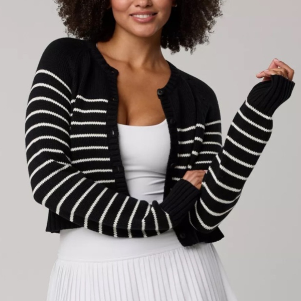 Aerie Offline Black and White Striped crop cardigan Sweater